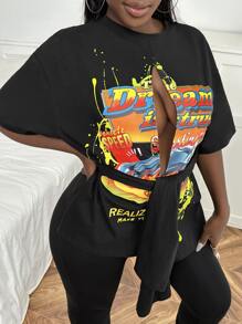 Slaydiva 汽車和字母圖案落肩袖鏤空前打結T恤 - 黑色 - 查看 3