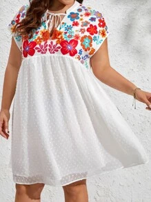 SHEIN VCAY Đầm Plus Size Thắt nơ trước Hoa Boho - trắng - Xem 2