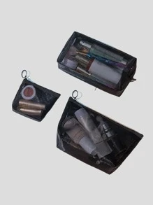 QYeah 1pc Solid Makeup Mesh Storage Bag, Minimalist Polyamide Storage Bag For Home - Black - View 3