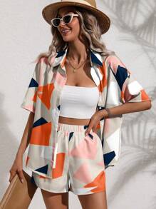 SHEIN VCAY 幾何印花落肩袖襯衫和短褲 - 橘色 - 查看 1