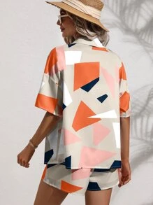 SHEIN VCAY 幾何印花落肩袖襯衫和短褲 - 橘色 - 查看 2