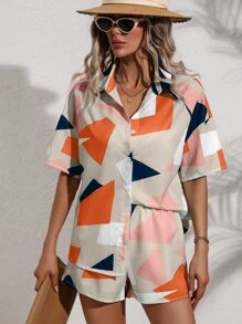 SHEIN VCAY 幾何印花落肩袖襯衫和短褲 - 橘色 - 查看 3