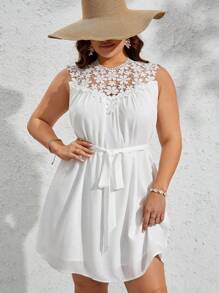 SHEIN VCAY Plus Guipure Lace Panel Belted Dress - White - View 1