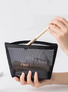 QYeah 1pc Solid Makeup Mesh Storage Bag, Minimalist Polyamide Storage Bag For Home - Black - View 7