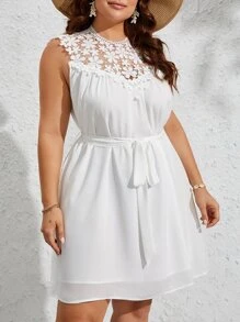 SHEIN VCAY Plus Guipure Lace Panel Belted Dress - White - View 4