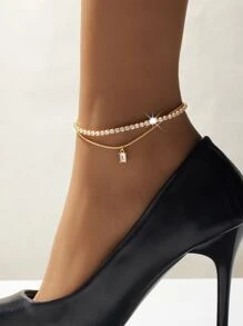 1入組魅力四射方晶鋯石裝飾分層腳鏈適用於女士日常裝飾 - 金黃色 - 查看 1