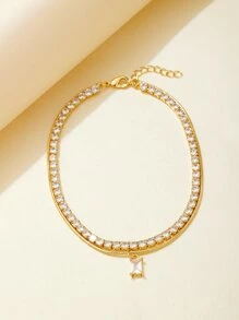 1入組魅力四射方晶鋯石裝飾分層腳鏈適用於女士日常裝飾 - 金黃色 - 查看 3