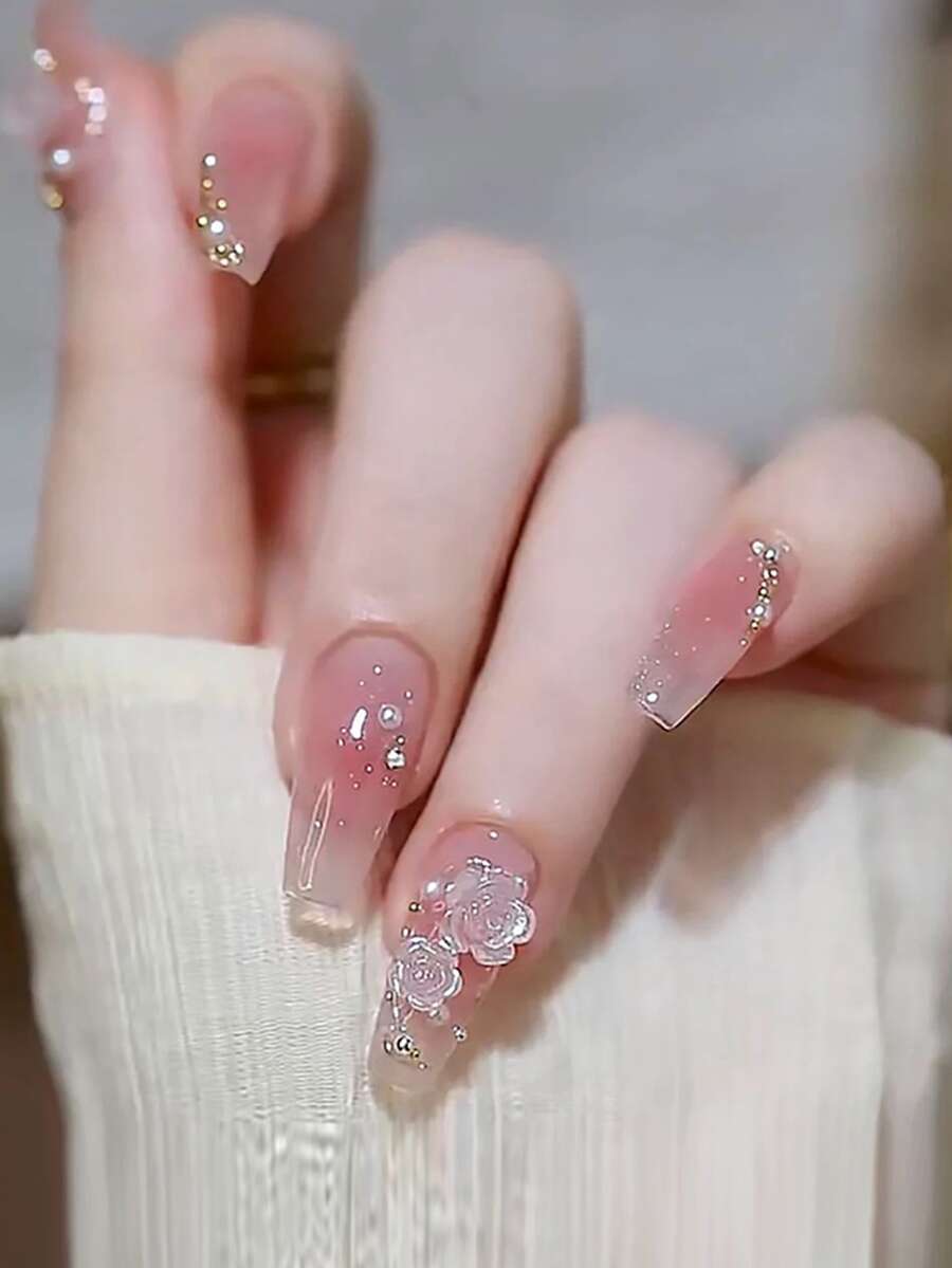 24入組短棺形變色山茶花設計假指甲,含1支果凍膠和1個指甲文件,即刻提升您的外觀 - 彩色 - 查看 1