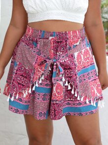 SHEIN VCAY Shorts paisley con estampado de retazo ribete con fleco con cordón delantero - Multicolor - Ver 3