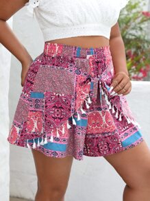 SHEIN VCAY Shorts paisley con estampado de retazo ribete con fleco con cordón delantero - Multicolor - Ver 1