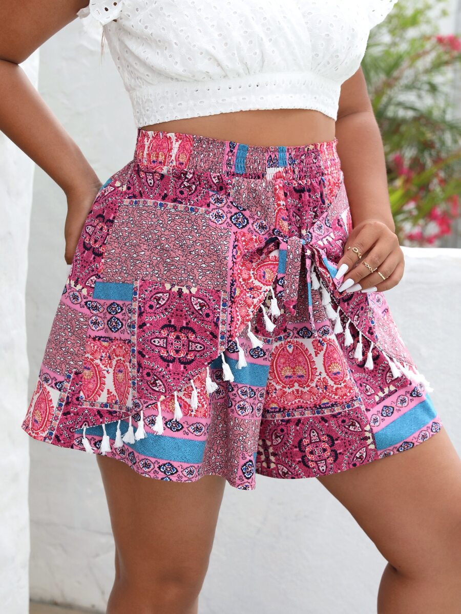 SHEIN VCAY Shorts paisley con estampado de retazo ribete con fleco con cordón delantero - Multicolor - Ver 1