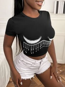 SHEIN Body Heat Map Print Rhinestone Fringe Trim Crop Tee - Black - View 5