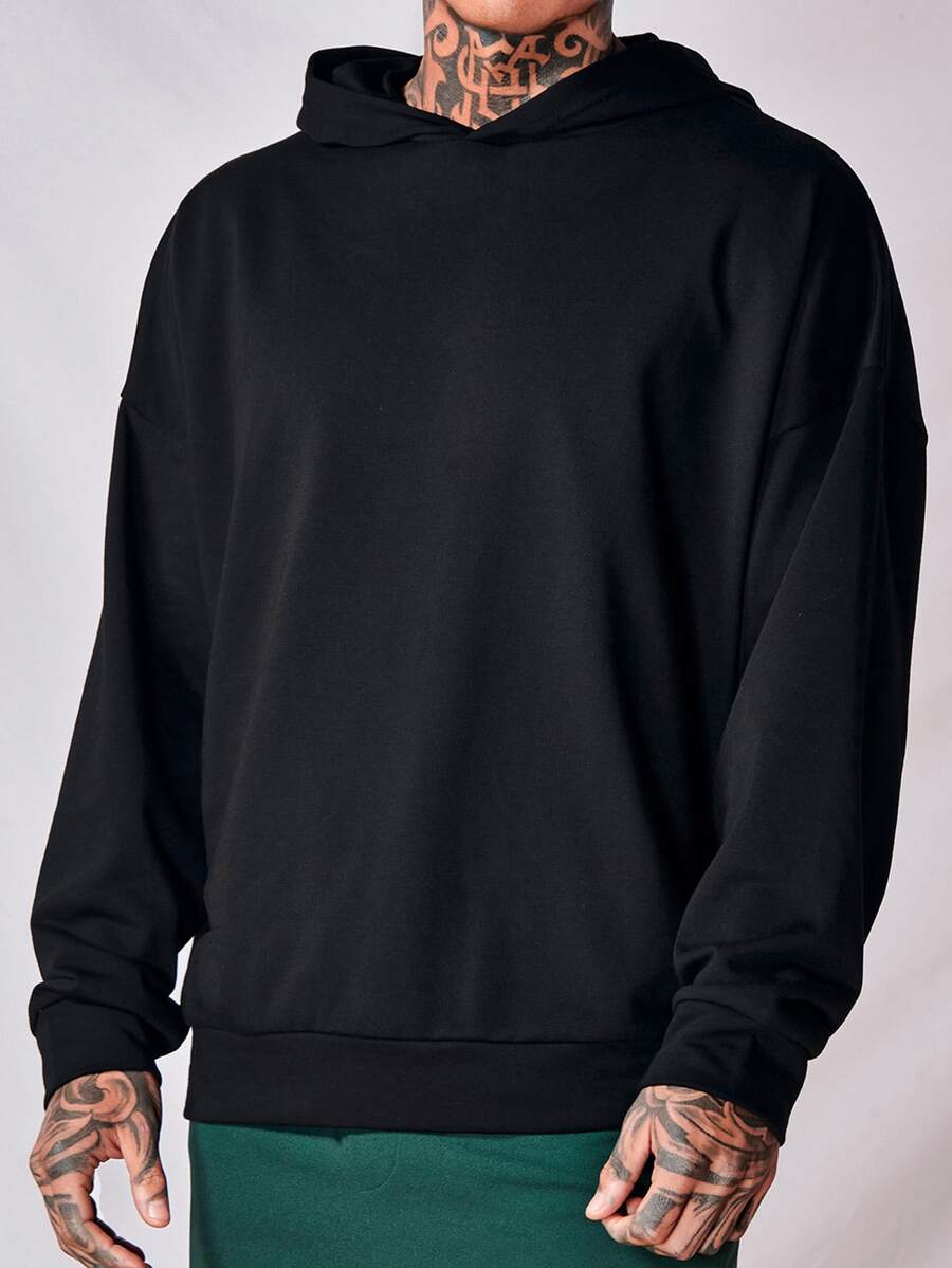 GENTILAND Men Solid Color Drop Shoulder Hoodie - Black - View 1
