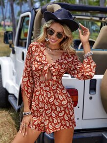 SHEIN VCAY Áo liền quần nữ Cắt ra Thắt nơ trước Paisley Boho - Nhiều màu - Xem 4