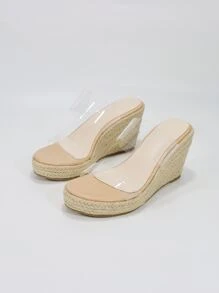 férias Sandálias de cunha para alça dupla Alpercatas com salto - Claro - Ver 3