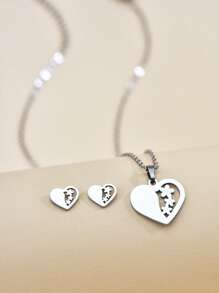1set Heart & Three Flower Design Necklace And Earrings Jewelry Set - Silver - View 1