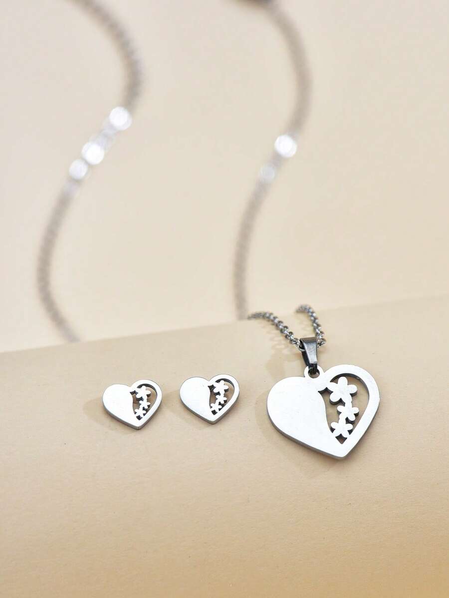 1set Heart & Three Flower Design Necklace And Earrings Jewelry Set - Silver - View 1