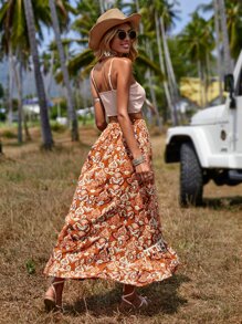 SHEIN VCAY Bộ đồ hai mảnh nữ mép Thắt nút Viên lá sen Hoa Boho - Nhiều màu - Xem 4