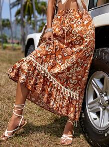 SHEIN VCAY Bộ đồ hai mảnh nữ mép Thắt nút Viên lá sen Hoa Boho - Nhiều màu - Xem 6