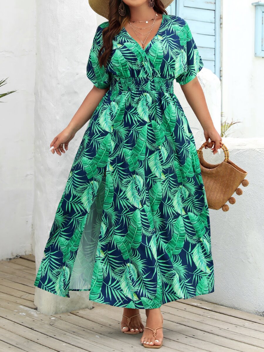 SHEIN VCAY Plus Tropical Print Batwing Sleeve Split Thigh Dress - Multicolor - View 1