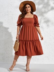 SHEIN VCAY 大碼方領泡泡袖荷葉邊連衣裙 - 鏽棕色 - 查看 3