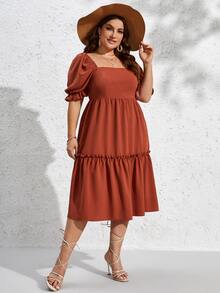 SHEIN VCAY 大碼方領泡泡袖荷葉邊連衣裙 - 鏽棕色 - 查看 4