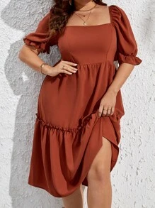 SHEIN VCAY 大碼方領泡泡袖荷葉邊連衣裙 - 鏽棕色 - 查看 1