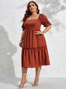 SHEIN VCAY 大碼方領泡泡袖荷葉邊連衣裙 - 鏽棕色 - 查看 5