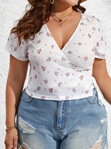 Dreamara Plus Ditsy Floral Print Knot Side Wrap Top - Multicolor - View 4