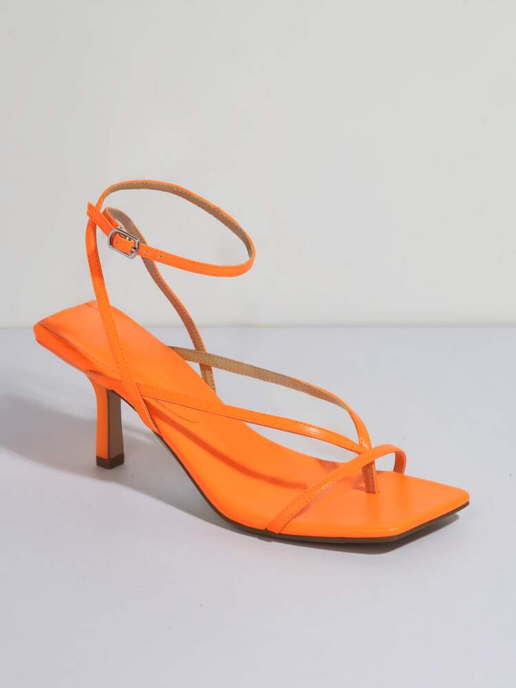 Faux Leather Strappy Kitten Heels - Orange - View 2