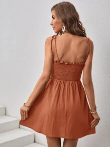 SHEIN VCAY Đầm Lộ Lưng viền lá sen Thắt nút Dải chun Nút phía trước màu trơn Giải trí - Màu Cam cháy - Xem 2