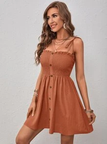 SHEIN VCAY Đầm Lộ Lưng viền lá sen Thắt nút Dải chun Nút phía trước màu trơn Giải trí - Màu Cam cháy - Xem 6