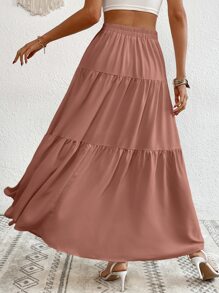 SHEIN LUNE Button Front Ruffle Hem Skirt Maxi Women Outfit - Dusty Pink - View 2