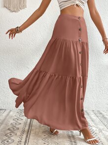 SHEIN LUNE Button Front Ruffle Hem Skirt Maxi Women Outfit - Dusty Pink - View 4