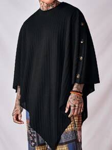 SWAVVY Men Crew Neck Drop Shoulder Asymmetrical Street Summer Polyester Tee, Fall, Long Sleeve Top - Black - View 1