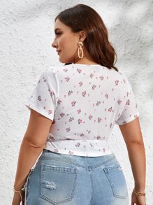 Dreamara Plus Ditsy Floral Print Knot Side Wrap Top - Multicolor - View 3