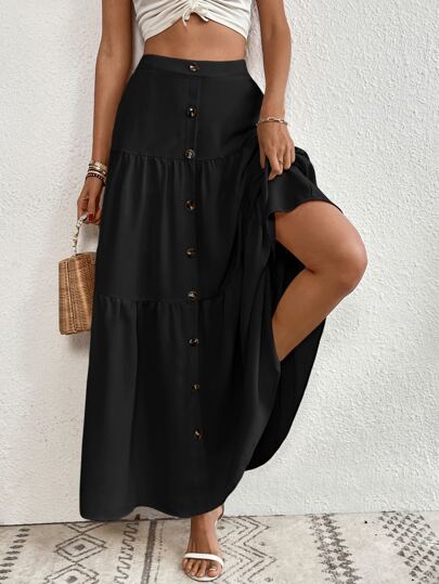 Breezaya Button Front Ruffle Hem Skirt Maxi Vacation Beach Outfits Women