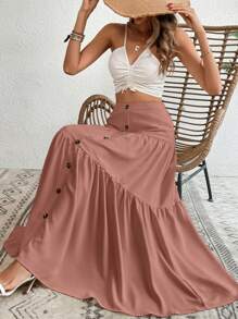 SHEIN LUNE Button Front Ruffle Hem Skirt Maxi Women Outfit - Dusty Pink - View 5