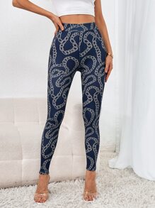 SHEIN Privé Leggings con estampado de cadena de talle alto - Multicolor - Ver 5