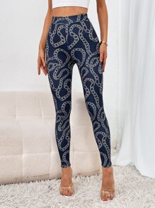 SHEIN Privé Leggings con estampado de cadena de talle alto - Multicolor - Ver 2
