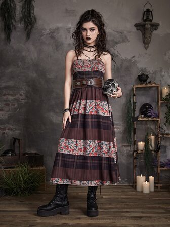 Cami Kleid mit Blümchen Muster, Plaid Rüschen, ohne Gürtel