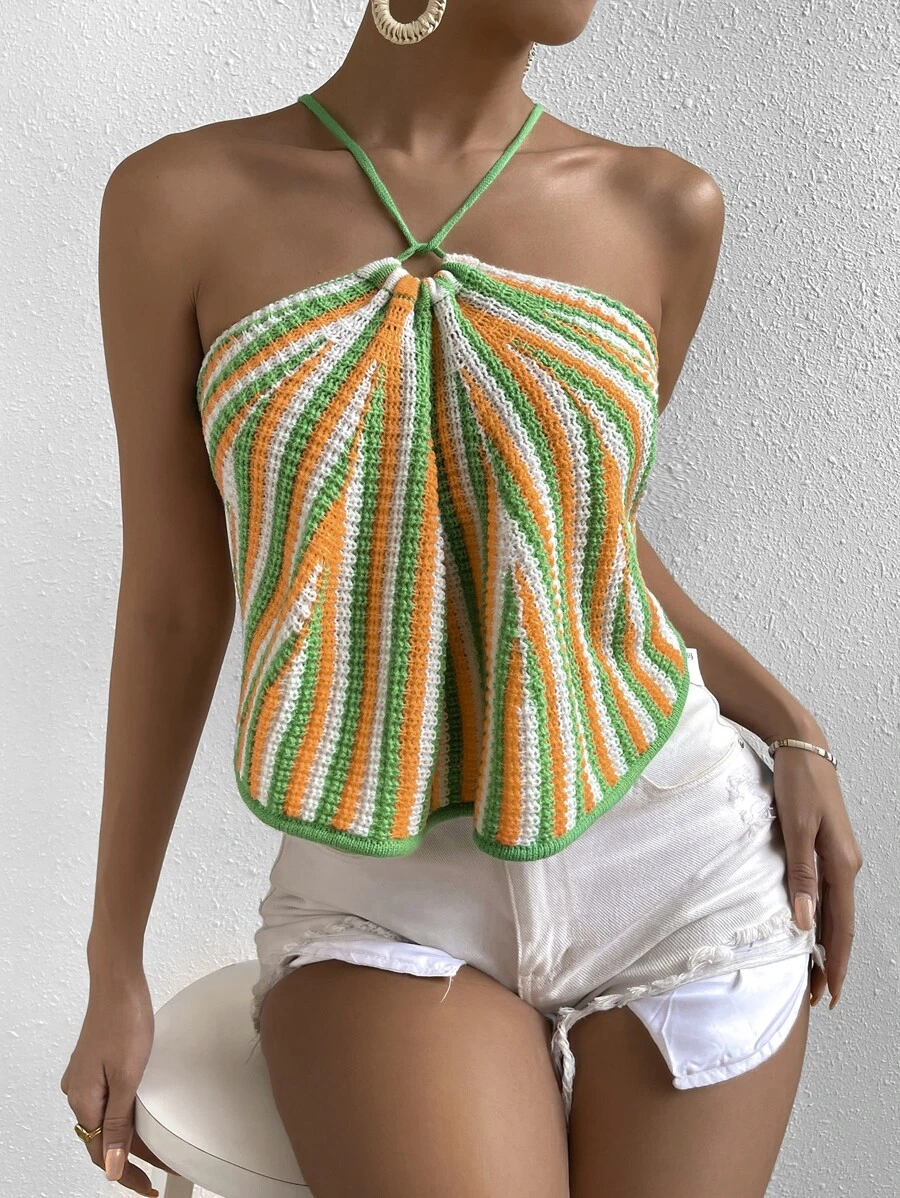 SHEIN VCAY 條紋圖案露背交叉吊脖針織上衣 - 彩色 - 查看 1