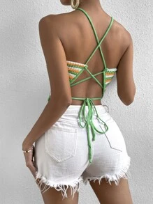 SHEIN VCAY 條紋圖案露背交叉吊脖針織上衣 - 彩色 - 查看 2