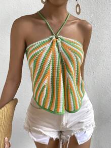 SHEIN VCAY 條紋圖案露背交叉吊脖針織上衣 - 彩色 - 查看 3
