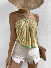 SHEIN VCAY 條紋圖案露背交叉吊脖針織上衣 - 彩色 - 查看 4