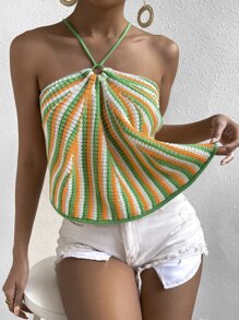 SHEIN VCAY 條紋圖案露背交叉吊脖針織上衣 - 彩色 - 查看 5