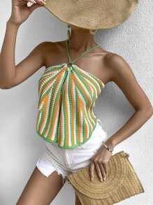 SHEIN VCAY 條紋圖案露背交叉吊脖針織上衣 - 彩色 - 查看 6