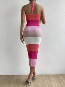 SHEIN Unity Ladies áo len váy Lộ Lưng Buộc lại Khối Màu Sọc Giải trí - Nhiều màu - Xem 2