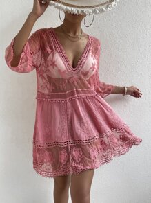 Vestido cover up de malla con bordado sin bikini - Rosa - Ver 3