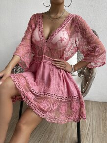 Vestido cover up de malla con bordado sin bikini - Rosa - Ver 6